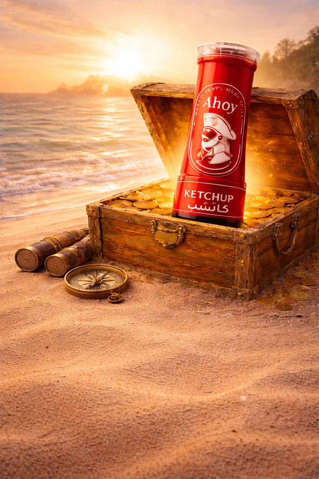 Ahoy Ketchup in a treasure chest on the beach